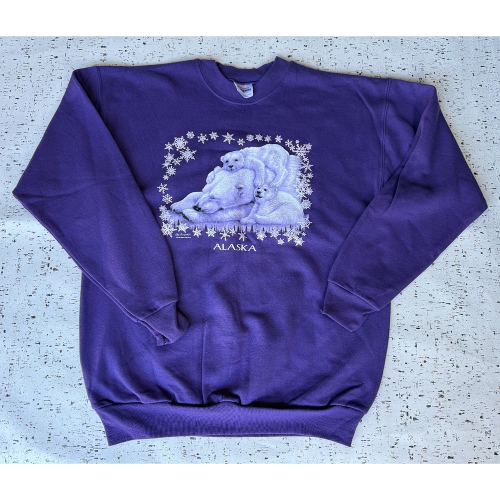 VTG Womens Sz Medium HANES Purple Polar Bears Crewneck Pullover‎ Sweater